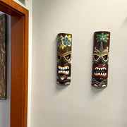 Set of 2 Hand Crafted Wooden 20 Inch Tiki Wall Masks Palm Tree and Plumeria Flower Designs Tropical Décor Image 8