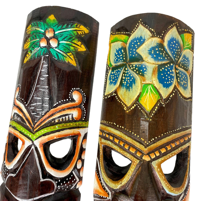 Set of 2 Hand Crafted Wooden 20 Inch Tiki Wall Masks Palm Tree and Plumeria Flower Designs Tropical Décor Image 3