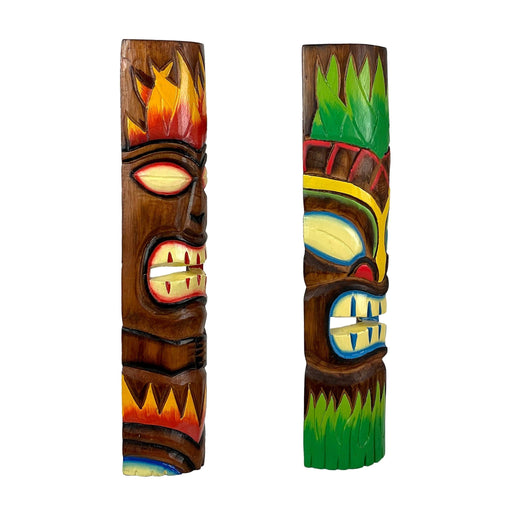 Set of 2 Handcrafted Fire and Earth Wood Tiki Totem Wall Masks - 20 Inches High - Perfect for Vibrant Tropical Ambiance -