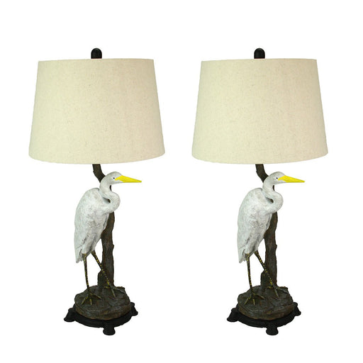 Set of 2 Handpainted Great White Heron Resin Table Lamps - 30.5 Inches High – Colorful Coastal Charm for Your Tropical