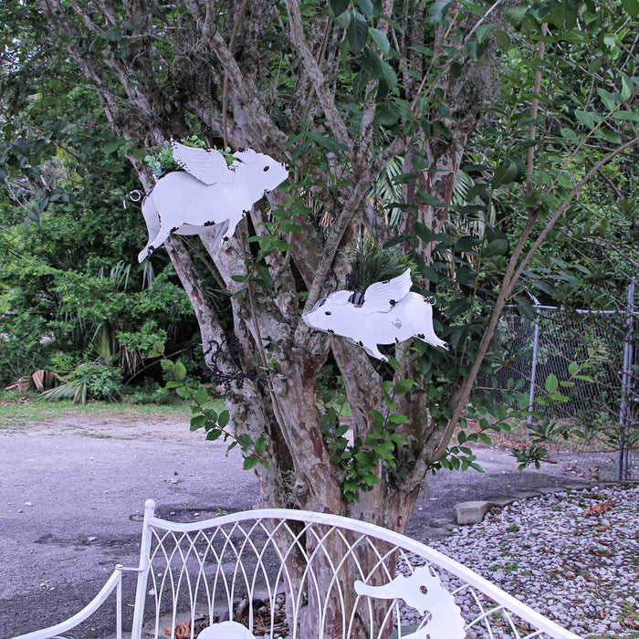 White - Image 4 - Set of 2 Antique White Finish Metal Flying Pig Hanging Planters - Perfect for Succulents and Flowers -