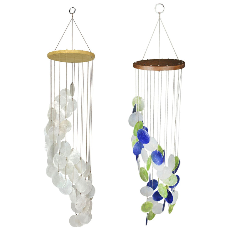 Set of 2 Spiral Capiz Shell Wind Chimes – Coastal White and Blue Green Outdoor Hanging Décor, 29-Inch Elegant Shell Chimes,