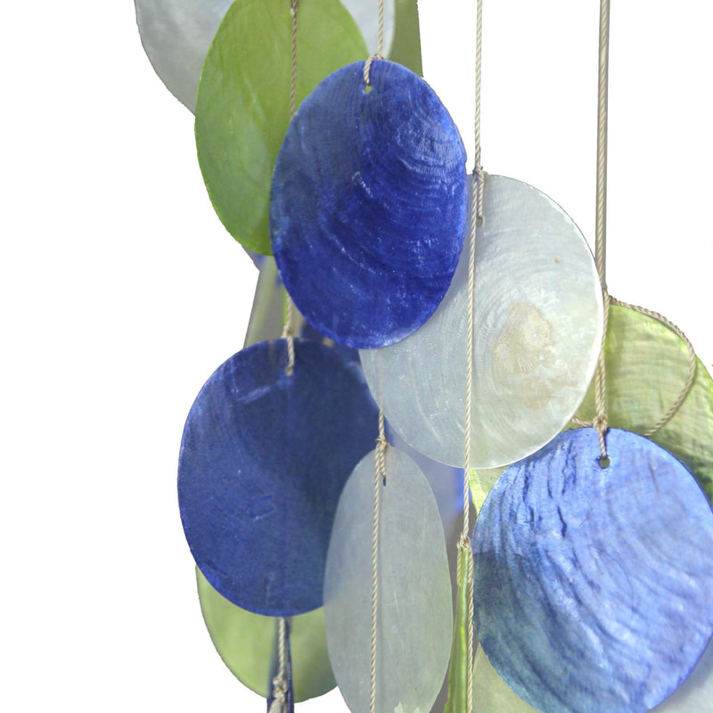 Set of 2 Spiral Capiz Shell Wind Chimes – Coastal White and Blue Green Outdoor Hanging Décor, 29-Inch Elegant Shell Chimes,
