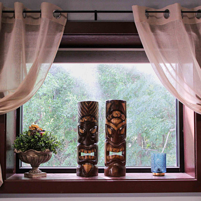 Set of 2 Unique Hand-Carved Wooden Polynesian-Style Tiki Wall Hanging Masks Featuring Sun and Flower Headdress - Artisan