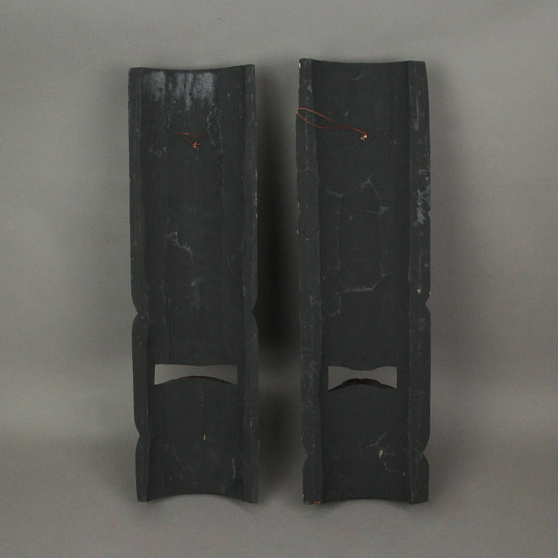 Set of 2 Unique Hand-Carved Wooden Polynesian-Style Tiki Wall Hanging Masks Featuring Sun and Flower Headdress - Artisan