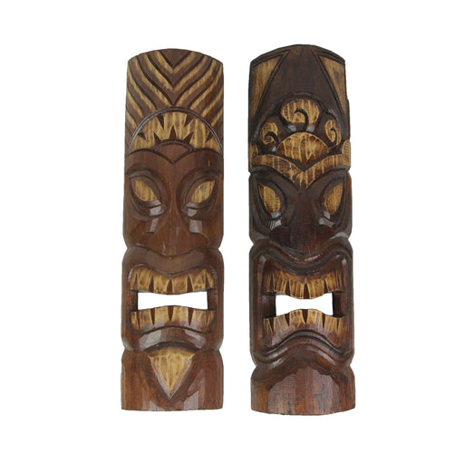 Set of 2 Unique Hand-Carved Wooden Polynesian-Style Tiki Wall Hanging Masks Featuring Sun and Flower Headdress - Artisan