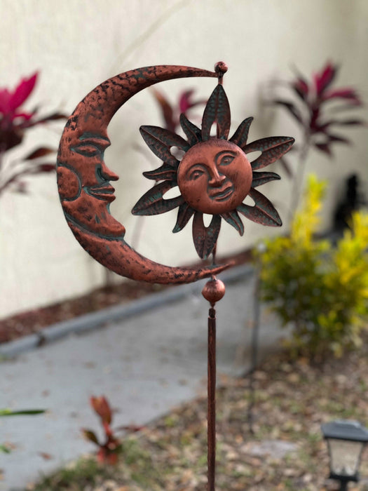 Set of 2 Copper Finish Metal Sun and Moon Wind Pinwheel Garden and Yard Stake Spinners - 52 Inches High - Celestial Harmony -