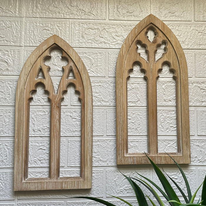 White - Image 5 - Set of 2 Whitewashed Wood Gothic Arch Window Frame Wall Hangings - 15.75 Inch Sculptural Home Decor,