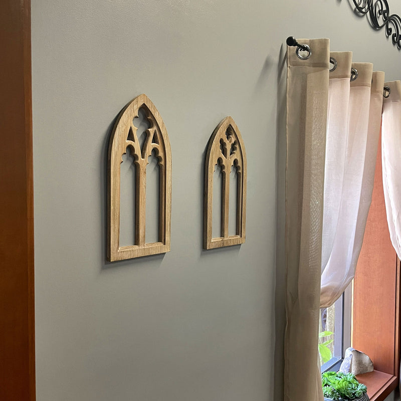 Set of 2 Whitewashed Wood Gothic Arch Window Frame Wall Hangings - Sculptural Elegance for Your Home Decor - 15.75 Inches