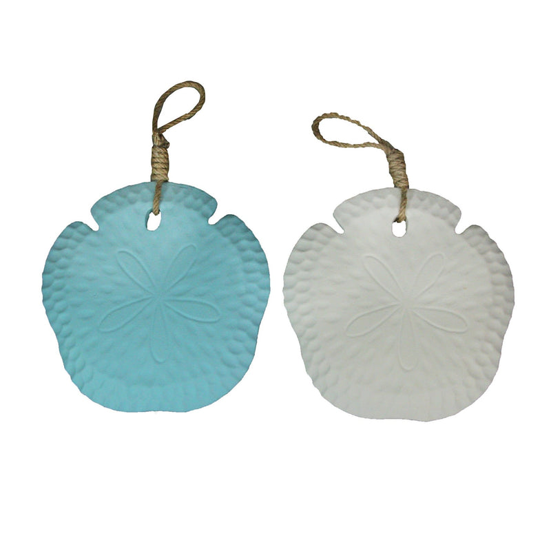 Set of 2 Wooden Sand Dollar Wall Hangings – Coastal Blue and White Decorations – 8 Inches in Diameter, with Jute Rope Hangers