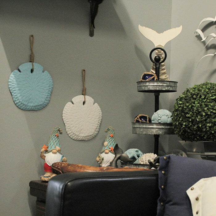 Set of 2 Wooden Sand Dollar Wall Hangings – Coastal Blue and White Decorations – 8 Inches in Diameter, with Jute Rope Hangers