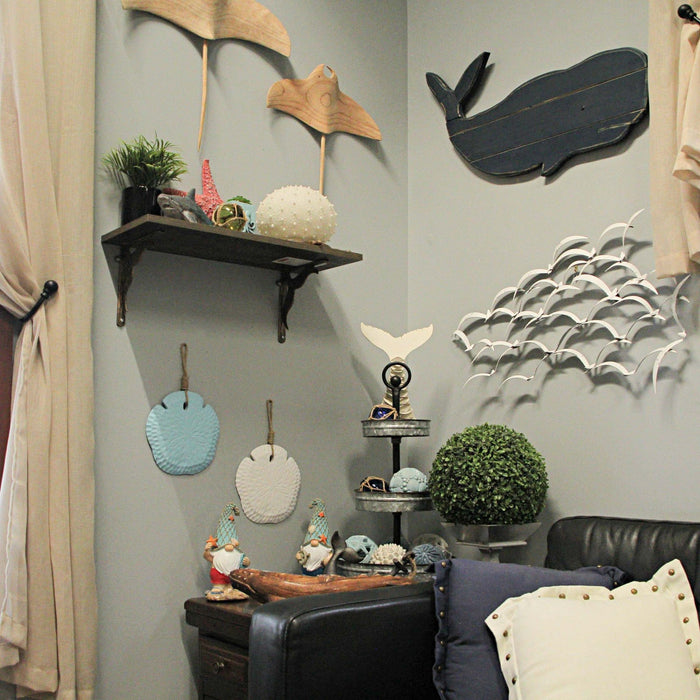 Set of 2 Wooden Sand Dollar Wall Hangings – Coastal Blue and White Decorations – 8 Inches in Diameter, with Jute Rope Hangers