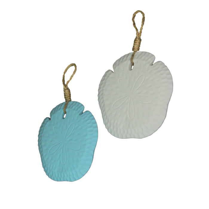 Set of 2 Wooden Sand Dollar Wall Hangings – Coastal Blue and White Decorations – 8 Inches in Diameter, with Jute Rope Hangers