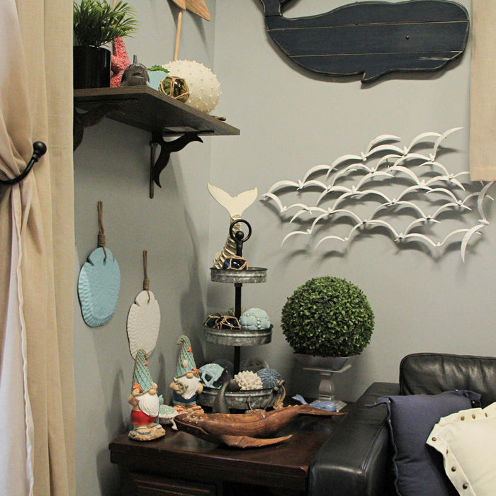 Set of 2 Wooden Sand Dollar Wall Hangings – Coastal Blue and White Decorations – 8 Inches in Diameter, with Jute Rope Hangers