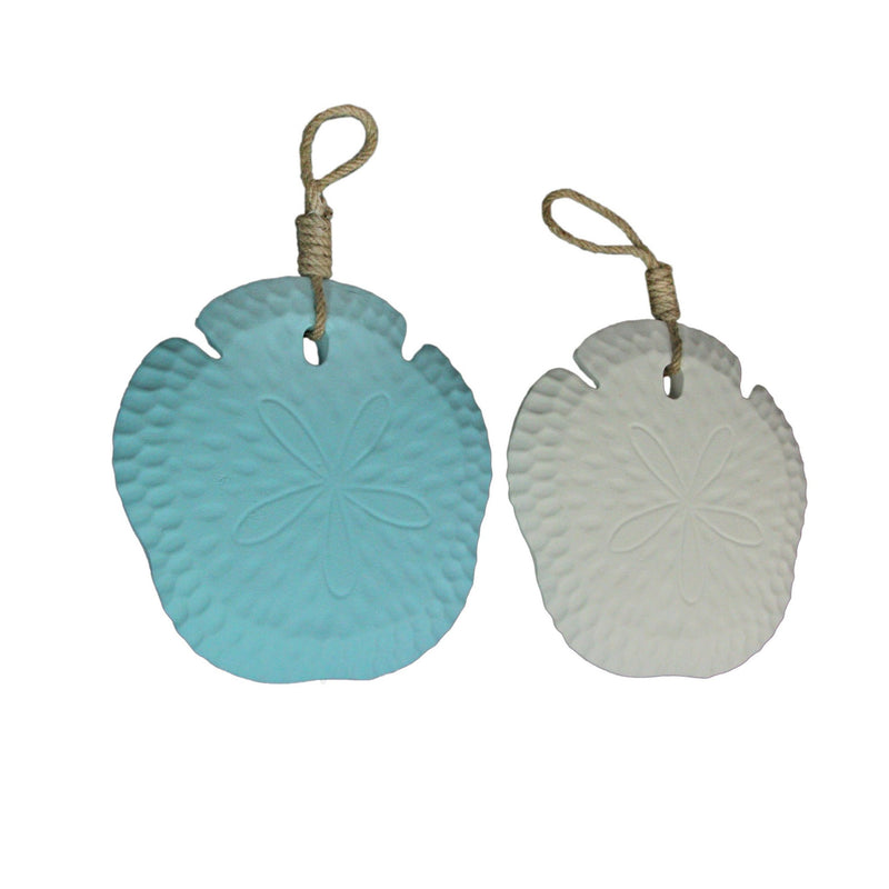Set of 2 Wooden Sand Dollar Wall Hangings – Coastal Blue and White Decorations – 8 Inches in Diameter, with Jute Rope Hangers