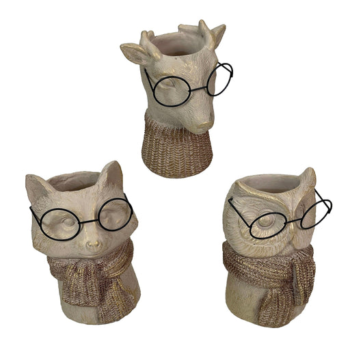 Set of 3 Bespectacled Animal Cement Vases – Fox, Owl, Deer, Gold Accents, Knit Textured Scarves, Real Wire Glasses, Whimsical