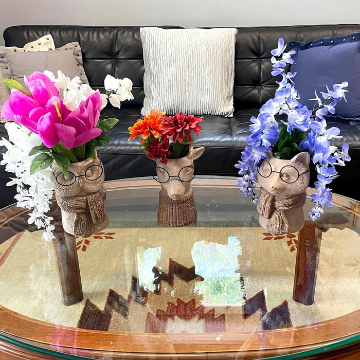 Set of 3 Bespectacled Animal Cement Vases – Fox, Owl, Deer, Gold Accents, Knit Textured Scarves, Real Wire Glasses, Whimsical
