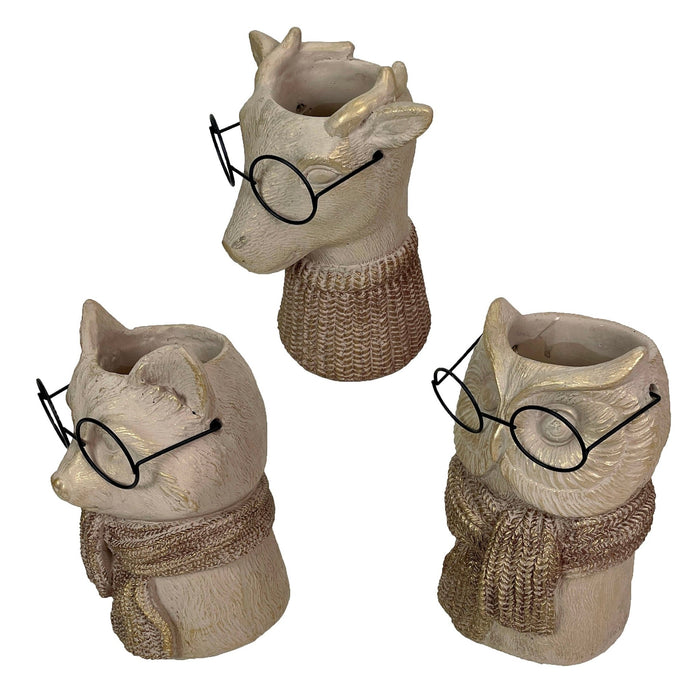 Set of 3 Bespectacled Animal Cement Vases – Fox, Owl, Deer, Gold Accents, Knit Textured Scarves, Real Wire Glasses, Whimsical