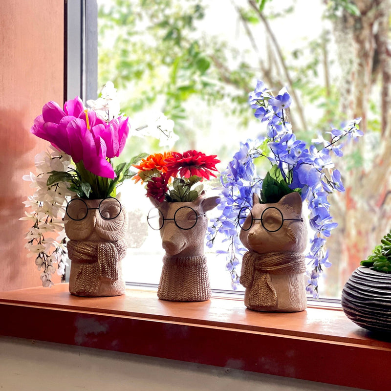 Set of 3 Bespectacled Animal Cement Vases – Fox, Owl, Deer, Gold Accents, Knit Textured Scarves, Real Wire Glasses, Whimsical