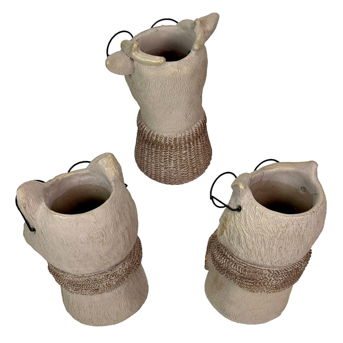 Set of 3 Bespectacled Animal Cement Vases – Fox, Owl, Deer, Gold Accents, Knit Textured Scarves, Real Wire Glasses, Whimsical