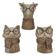 Set of 3 Bespectacled Animal Cement Vases – Fox, Owl, Deer, Gold Accents, Knit Textured Scarves, Real Wire Glasses, Whimsical