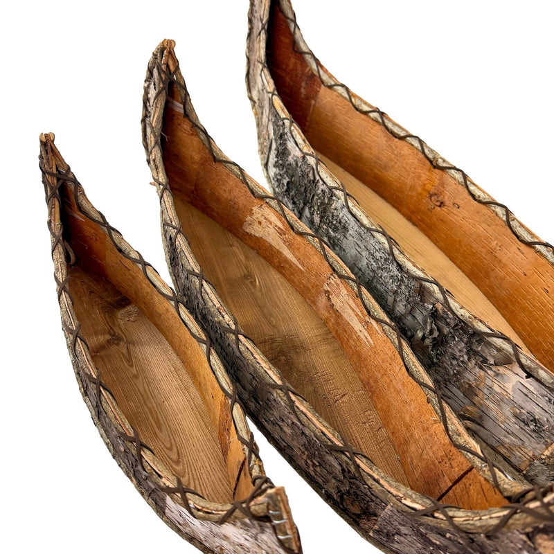 Set of 3 Birch Bark Canoe Statues, 36 Inch Rustic Flat Bottom Wooden Canoe Centerpiece Trays, Nesting Natural Bark Brown