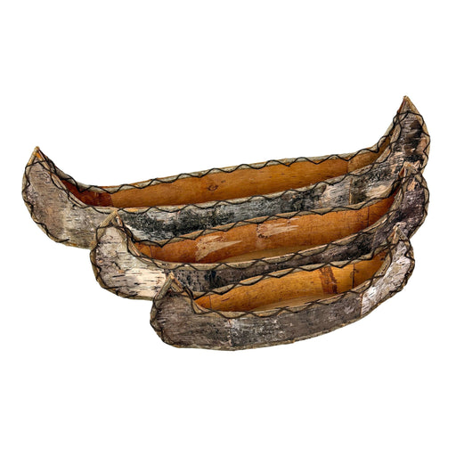 Set of 3 Birch Bark Canoe Statues, 36 Inch Rustic Flat Bottom Wooden Canoe Centerpiece Trays, Nesting Natural Bark Brown