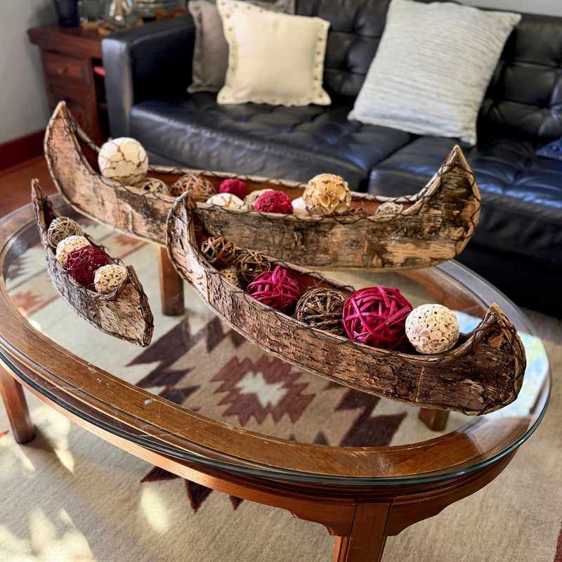 Set of 3 Birch Bark Canoe Statues, 36 Inch Rustic Flat Bottom Wooden Canoe Centerpiece Trays, Nesting Natural Bark Brown