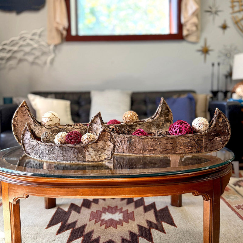 Set of 3 Birch Bark Canoe Statues, 36 Inch Rustic Flat Bottom Wooden Canoe Centerpiece Trays, Nesting Natural Bark Brown