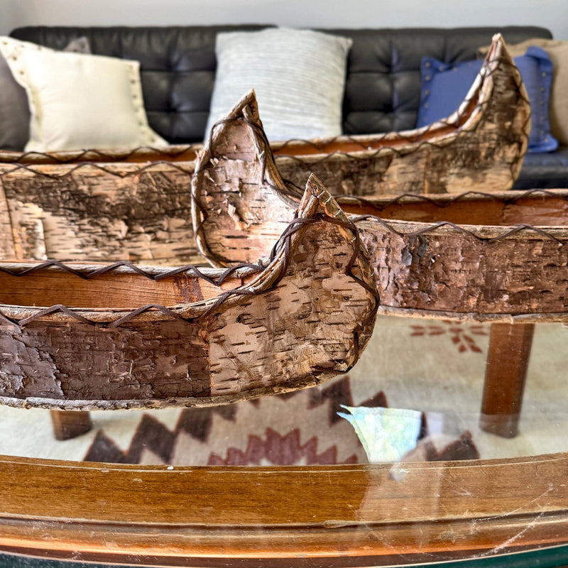 Set of 3 Birch Bark Canoe Statues, 36 Inch Rustic Flat Bottom Wooden Canoe Centerpiece Trays, Nesting Natural Bark Brown