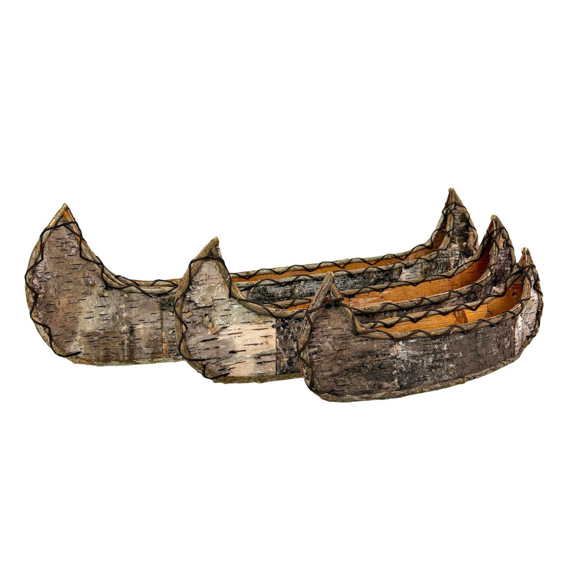 Set of 3 Birch Bark Canoe Statues, 36 Inch Rustic Flat Bottom Wooden Canoe Centerpiece Trays, Nesting Natural Bark Brown