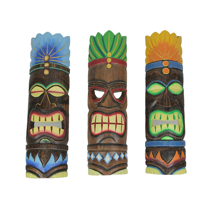Set of 3 Brightly Painted Hand Carved Elemental Tiki Style Wall Masks 20 Inches Image 1