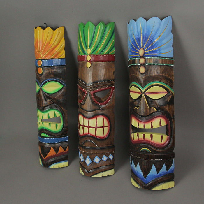 Set of 3 Brightly Painted Hand Carved Elemental Tiki Style Wall Masks 20 Inches Image 2