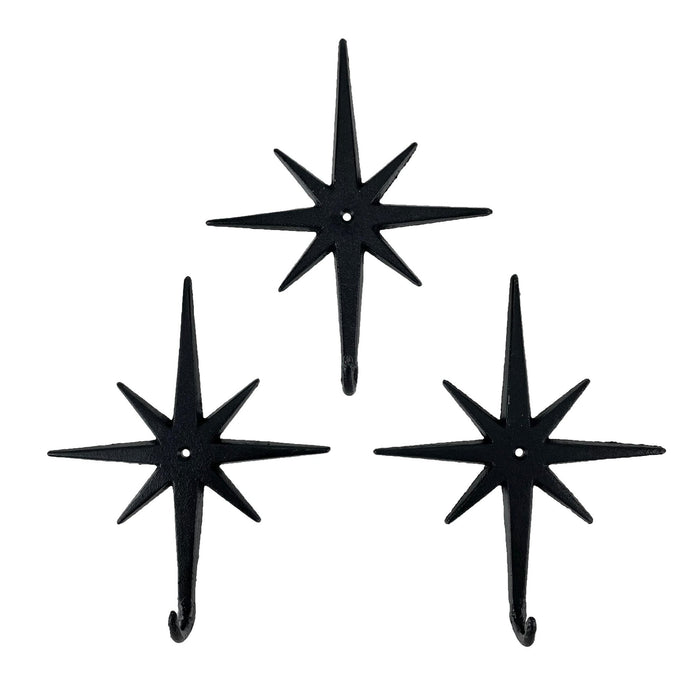 Set of 3 Cast Iron Atomic Starburst Wall Hooks – Mid-Century Modern Design, Black Finish, 9" High, 7.25" Long, Durable and