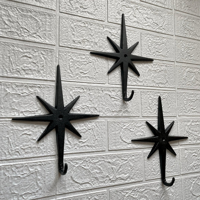 Set of 3 Cast Iron Atomic Starburst Wall Hooks – Mid-Century Modern Design, Black Finish, 9" High, 7.25" Long, Durable and