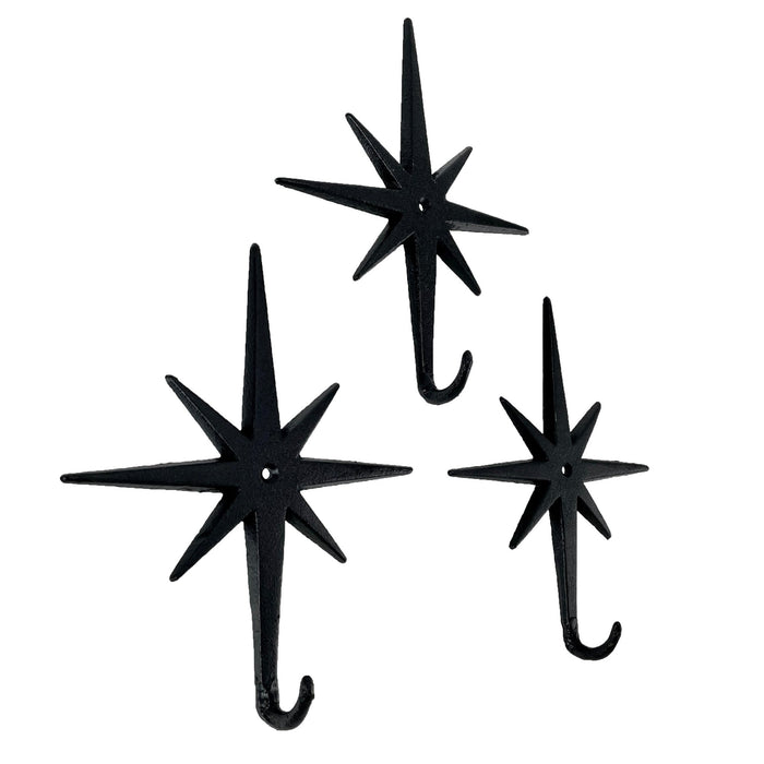 Set of 3 Cast Iron Atomic Starburst Wall Hooks – Mid-Century Modern Design, Black Finish, 9" High, 7.25" Long, Durable and