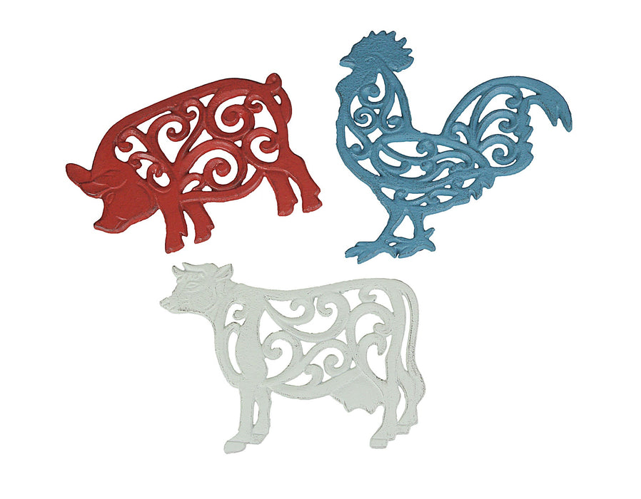 Multicolored - Image 1 - Set of 3 Red, White, and Blue Cast Iron Cow, Pig, and Rooster Kitchen Trivets Decorative Wall Art