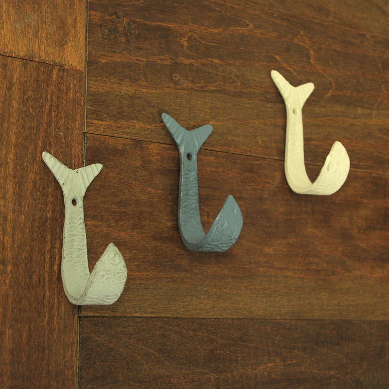 Set of 3 Cast Iron Flipping Fish Wall Hooks 4 Inches Long– Easy to Hang - Blue ,Gray, White - Coastal Decor Perfection for