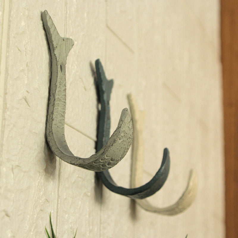 Set of 3 Cast Iron Flipping Fish Wall Hooks 4 Inches Long– Easy to Hang - Blue ,Gray, White - Coastal Decor Perfection for
