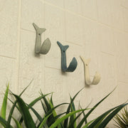 Set of 3 Cast Iron Flipping Fish Wall Hooks 4 Inches Long– Easy to Hang - Blue ,Gray, White - Coastal Decor Perfection for