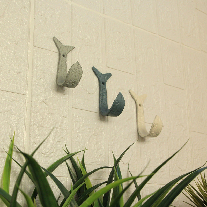 Set of 3 Cast Iron Flipping Fish Wall Hooks 4 Inches Long– Easy to Hang - Blue ,Gray, White - Coastal Decor Perfection for