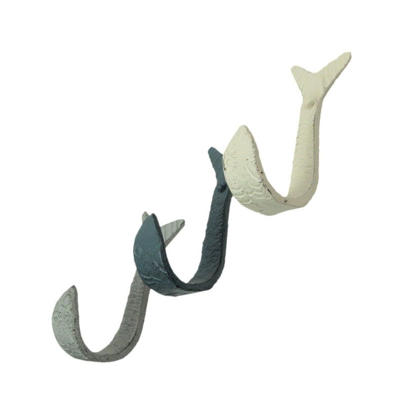 Set of 3 Cast Iron Flipping Fish Wall Hooks 4 Inches Long– Easy to Hang - Blue ,Gray, White - Coastal Decor Perfection for