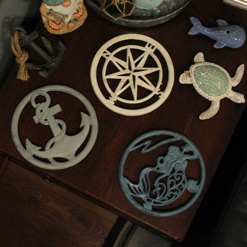 Set of 3 Cast Iron Nautical Table Trivets - Mermaid, Anchor, Compass Rose - Decorative Kitchen Coastal Decor and Wall