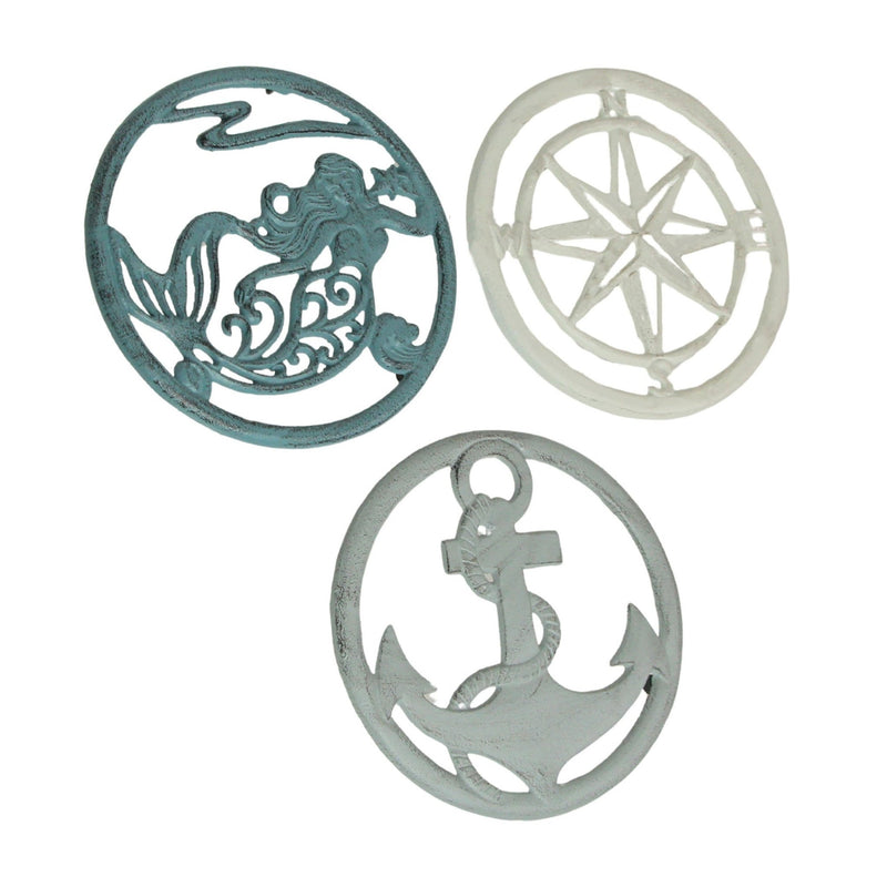 Set of 3 Cast Iron Nautical Table Trivets - Mermaid, Anchor, Compass Rose - Decorative Kitchen Coastal Decor and Wall