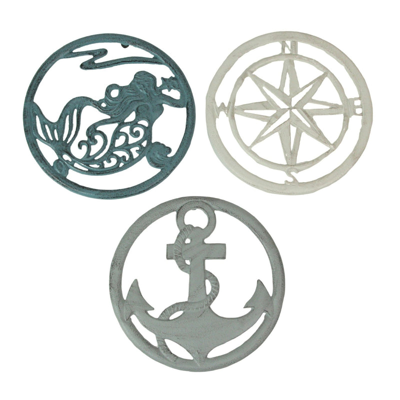 Set of 3 Cast Iron Nautical Table Trivets - Mermaid, Anchor, Compass Rose - Decorative Kitchen Coastal Decor and Wall