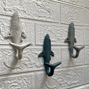 Set of 3 Cast Iron Shark Wall Hooks in Blue, Gray, White – 5.25 Inches High - For Indoor & Outdoor Use – Perfect for