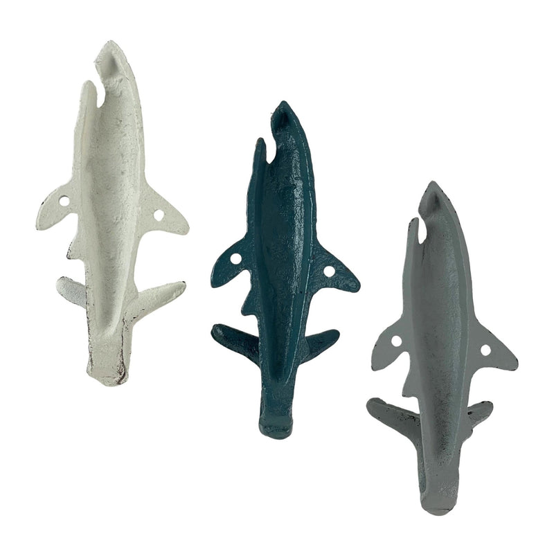 Set of 3 Cast Iron Shark Wall Hooks in Blue, Gray, White – 5.25 Inches High - For Indoor & Outdoor Use – Perfect for