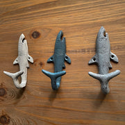 Set of 3 Cast Iron Shark Wall Hooks in Blue, Gray, White – 5.25 Inches High - For Indoor & Outdoor Use – Perfect for