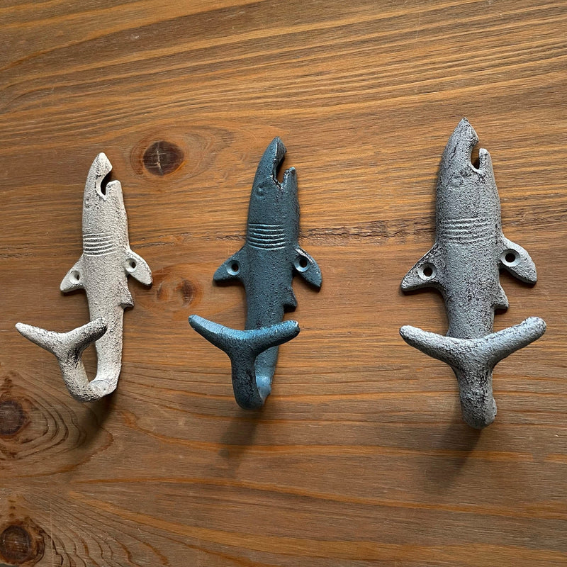 Set of 3 Cast Iron Shark Wall Hooks in Blue, Gray, White – 5.25 Inches High - For Indoor & Outdoor Use – Perfect for