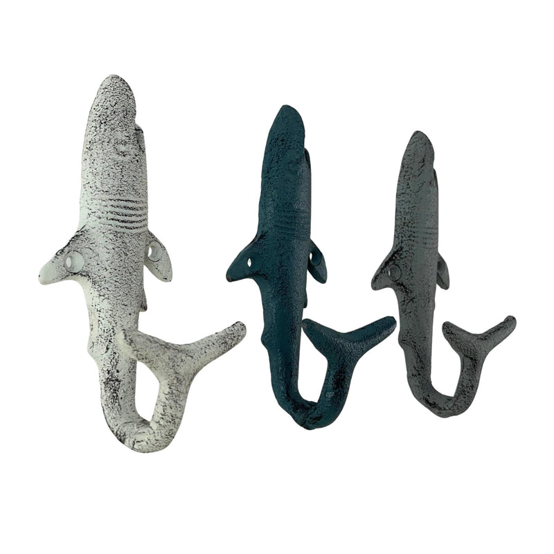 Set of 3 Cast Iron Shark Wall Hooks in Blue, Gray, White – 5.25 Inches High - For Indoor & Outdoor Use – Perfect for